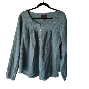Threadgrit Gauze Henley Top XL Blue Button Up Lightweight Cotton Shirt Peasant